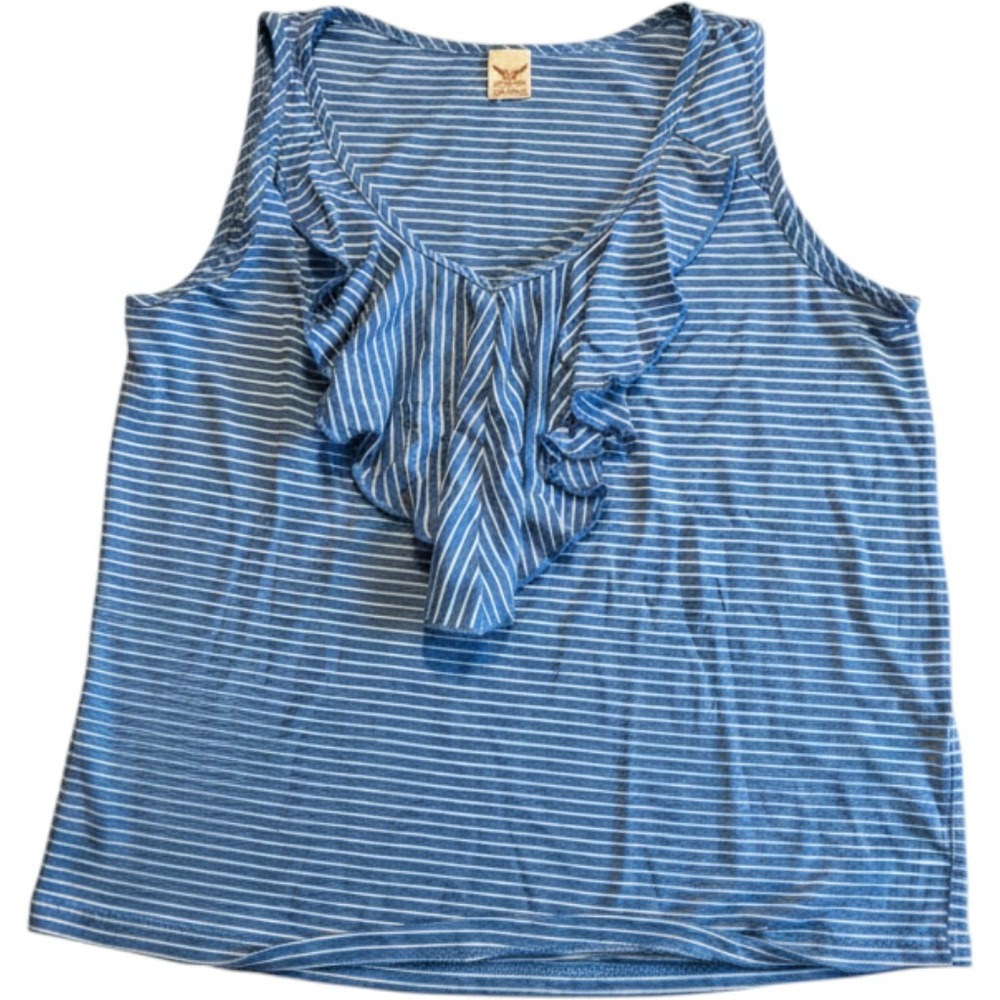 Faded Glory Womens Blue White Striped‎ Ruffle V-Neck Sleeveless Tank Top